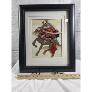 Framed Japanese Oshie Pressed Textile 3D Samurai Warrior On Horse Art